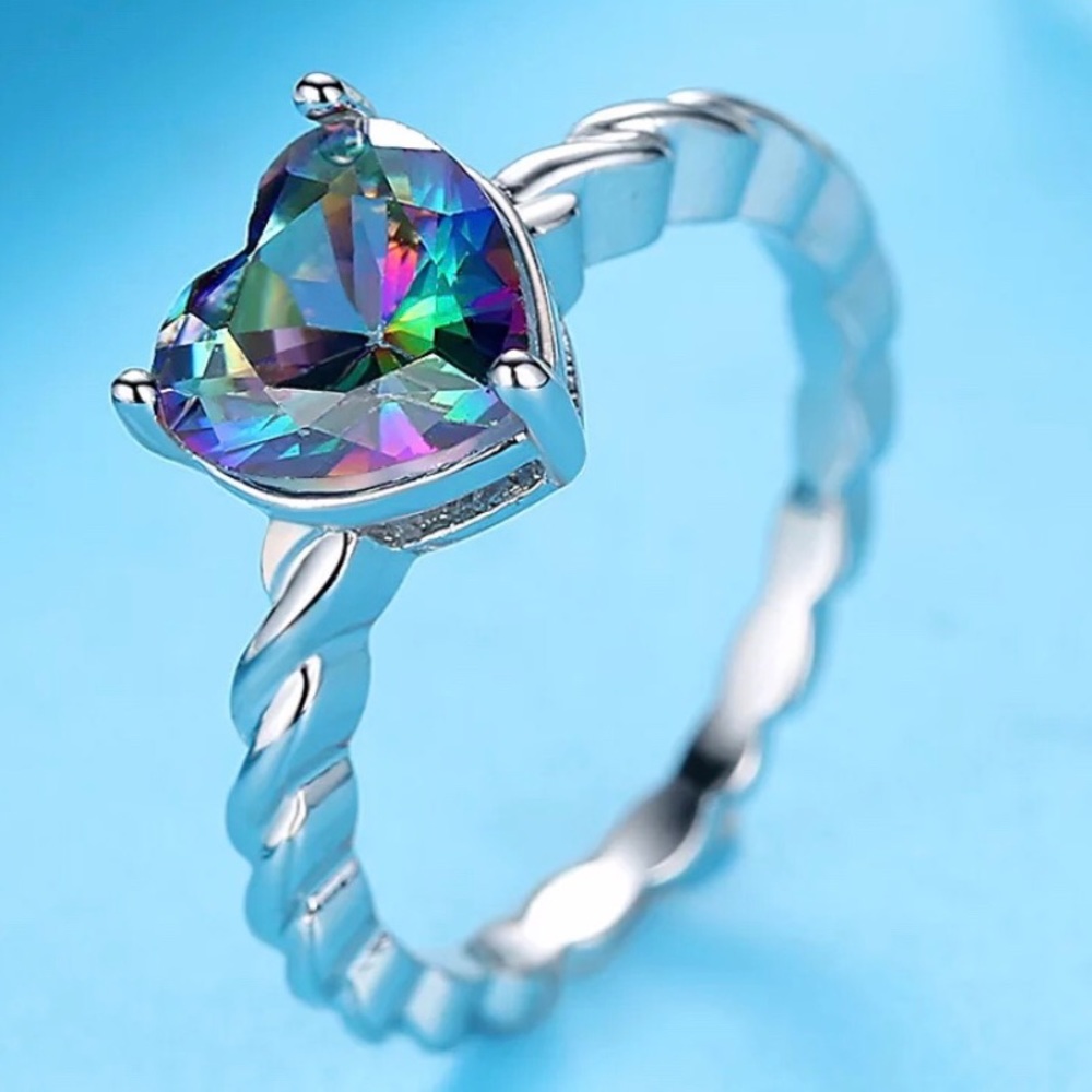 Mystic Topaz Heart .925 Silver Solitaire Ring - Picture 7 of 9